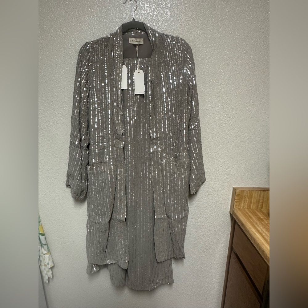 NWT By Together Sequin Duster & Wide Leg Pants Set in Dove Gray Size S